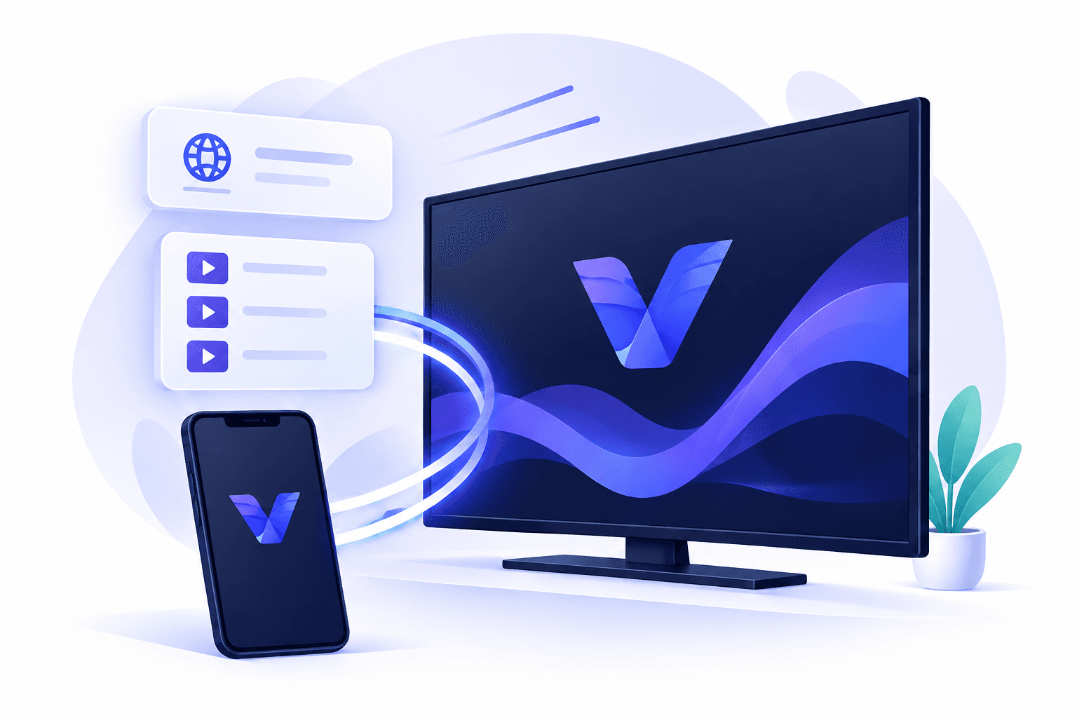Illustration of a TV and phone connected by a flowing ribbon, with portal cards