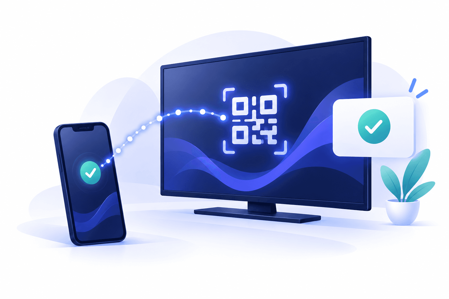 Illustration of a phone connecting to a TV through its portal-management QR code